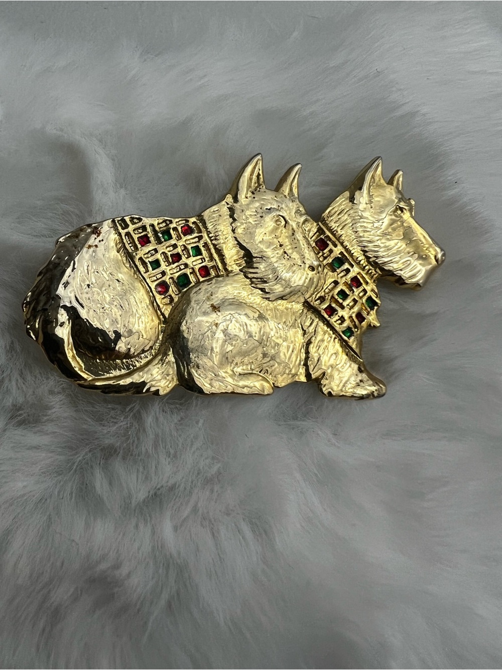 Vintage Gold Tone Double Scottie Dog Brooch Tartan Plaid Enamel Pin 2.25”